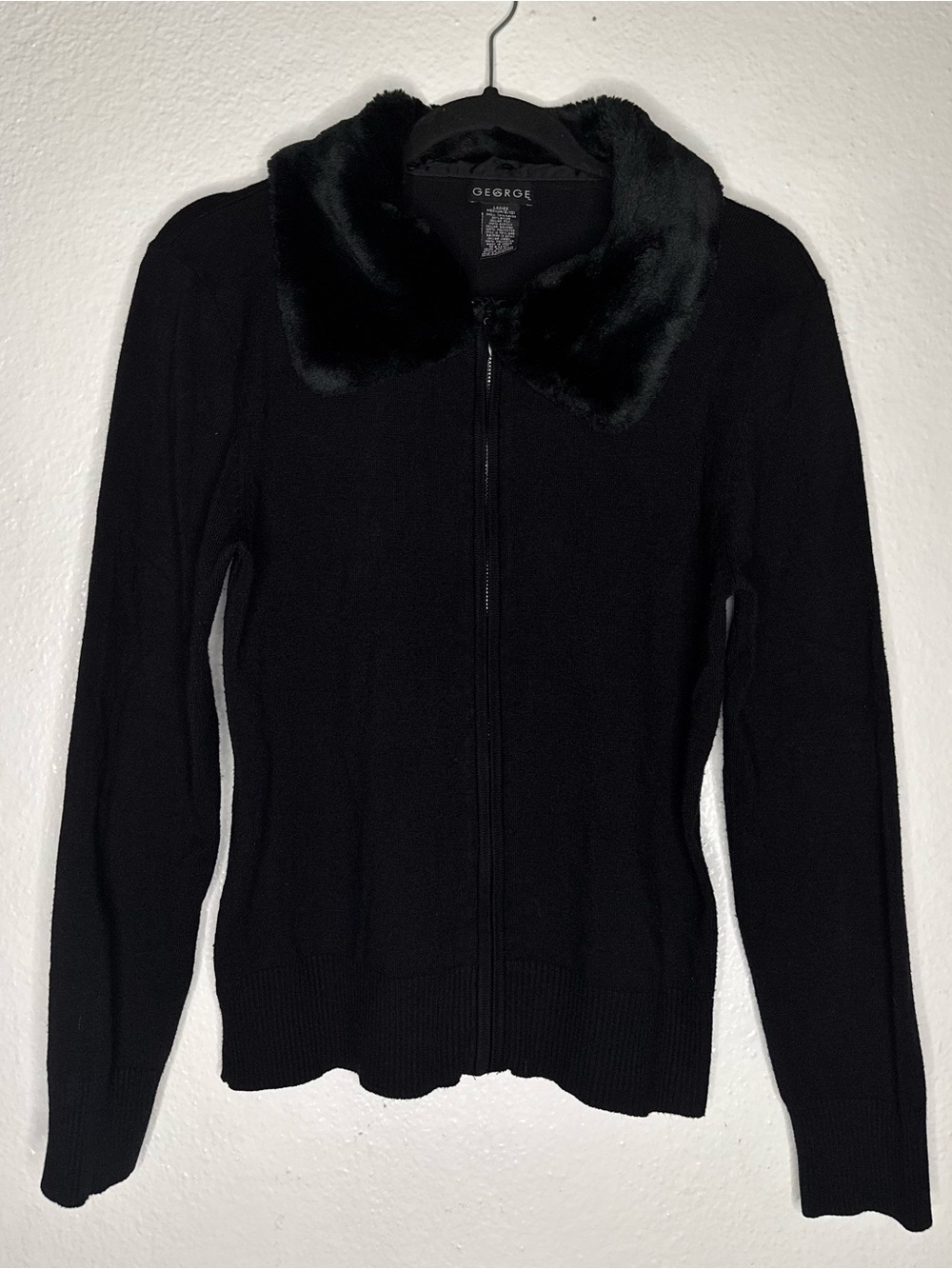 George Chic Vintage Y2k Black Zip-Up Knit Cardigan Sweater Faux Fur Collar SZ M